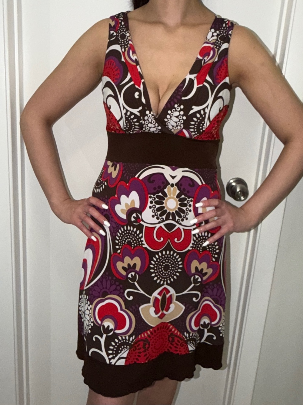 Y2K Bisou Bisou Brown Red Purple Retro Floral Stretch Dress Size M